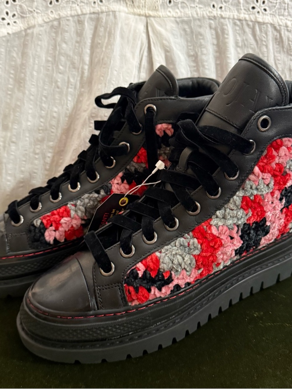 Krona Black Leather High-Top Sneakers with Pink & Red Crochet Panels